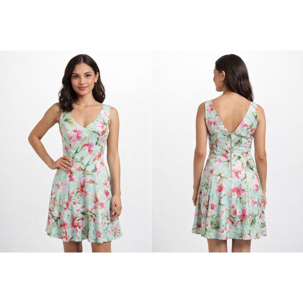 CHAPS Mint Green Floral Fit Flare Skater Dress 4 Coquette Garden Party Romance